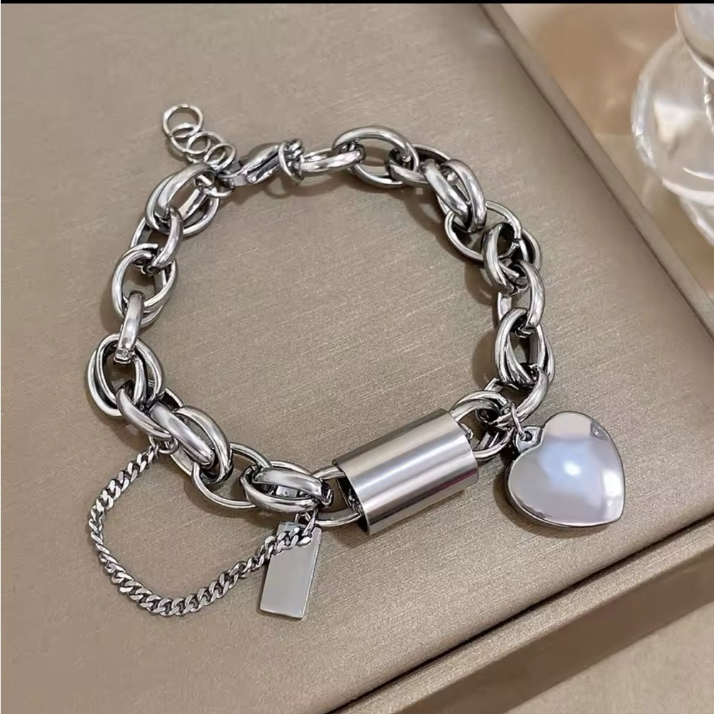 New Chunky Silver Heart Lock Charm Bracelet - Adjustable Gold Chain Bracelet